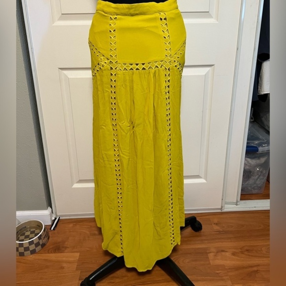 Wish Australia Diamond Cut Out Bright Yellow Green Lined Maxi Skirt Size Small